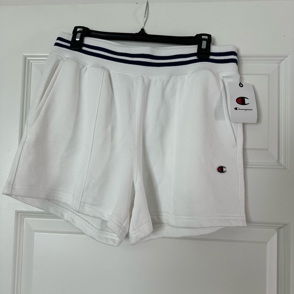 Champion Pants - Champion White Athletic Shorts with Navy-Striped Waistband